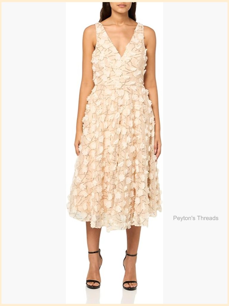 Sleeveless V-Neck Embellished A-Line Midi Dress, 3d Floral Accents, Special
